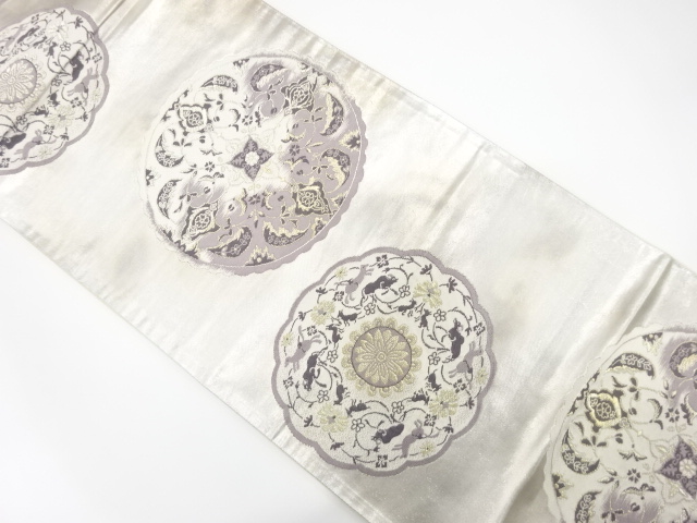 アンティーク　絵皿に動物・花模様織り出し袋帯（材料）